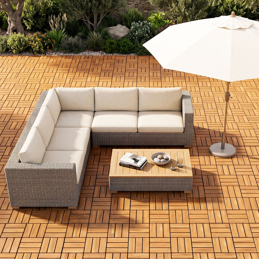 Corner patio sofa set with beige cushions and acacia wood coffee table, perfect for outdoor relaxation.