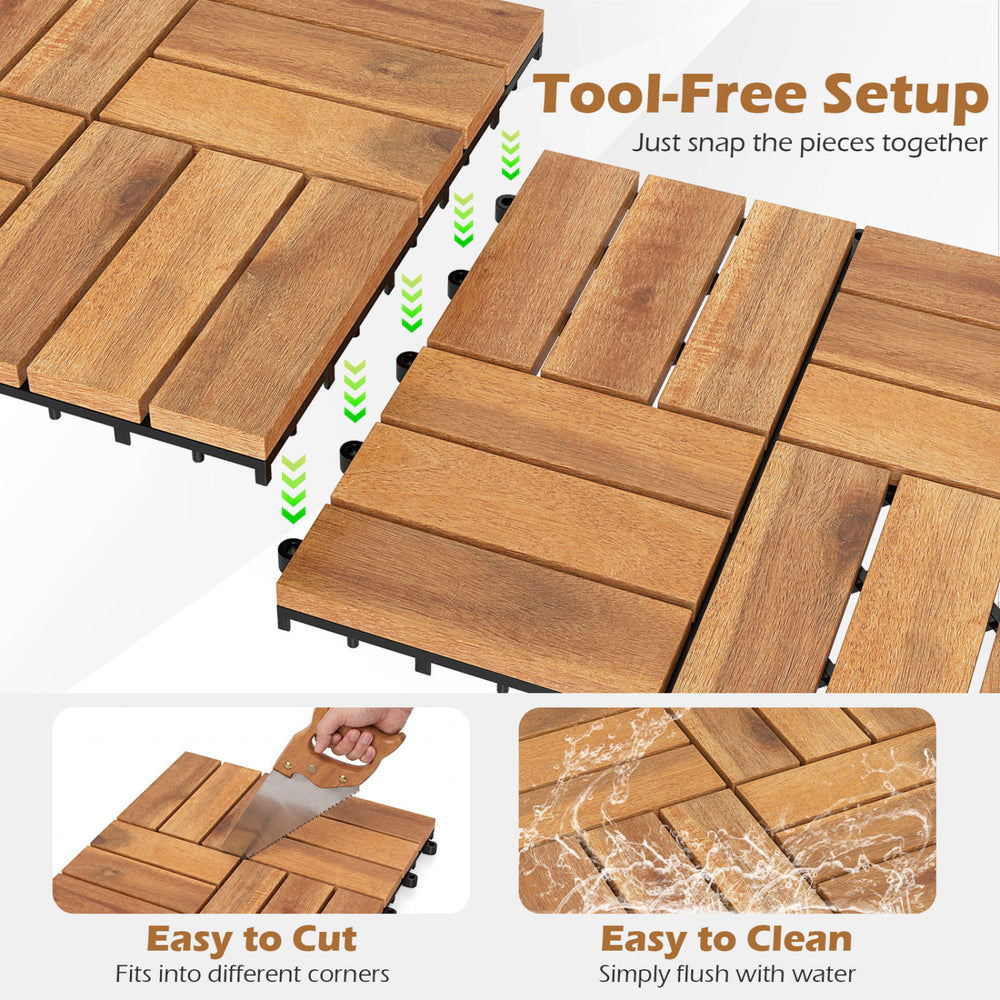 Acacia wood interlocking deck tiles in natural finish, 12x12 inches, easy to cut and clean for outdoor use.