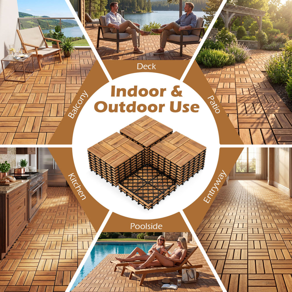 Acacia wood interlocking deck tiles in natural finish, ideal for indoor and outdoor use in various settings.