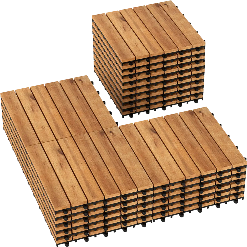 Acacia wood interlocking deck tiles in a natural finish, 12 x 12 inches, ideal for outdoor patios and balconies.