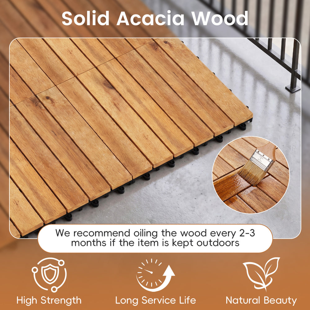 Solid acacia wood interlocking deck tiles, 12 x 12 inch, designed for outdoor use on patios and balconies.