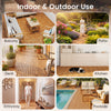 Acacia wood interlocking deck tiles in a natural finish, suitable for indoor and outdoor use on patios and balconies.
