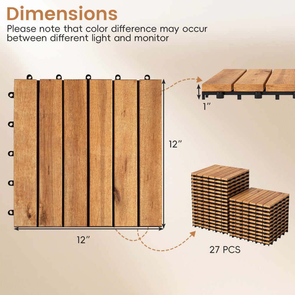 12 x 12 inch acacia wood interlocking deck tiles, 27 pieces, showcasing dimensions for easy installation in outdoor.