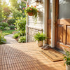 Acacia wood interlocking deck tiles in a natural finish, ideal for outdoor patios and balconies, showcasing easy setup.