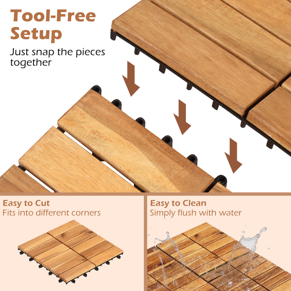 Acacia wood interlocking deck tiles in natural finish, 12 x 12 inches, designed for easy setup and cleaning for outdoor use.