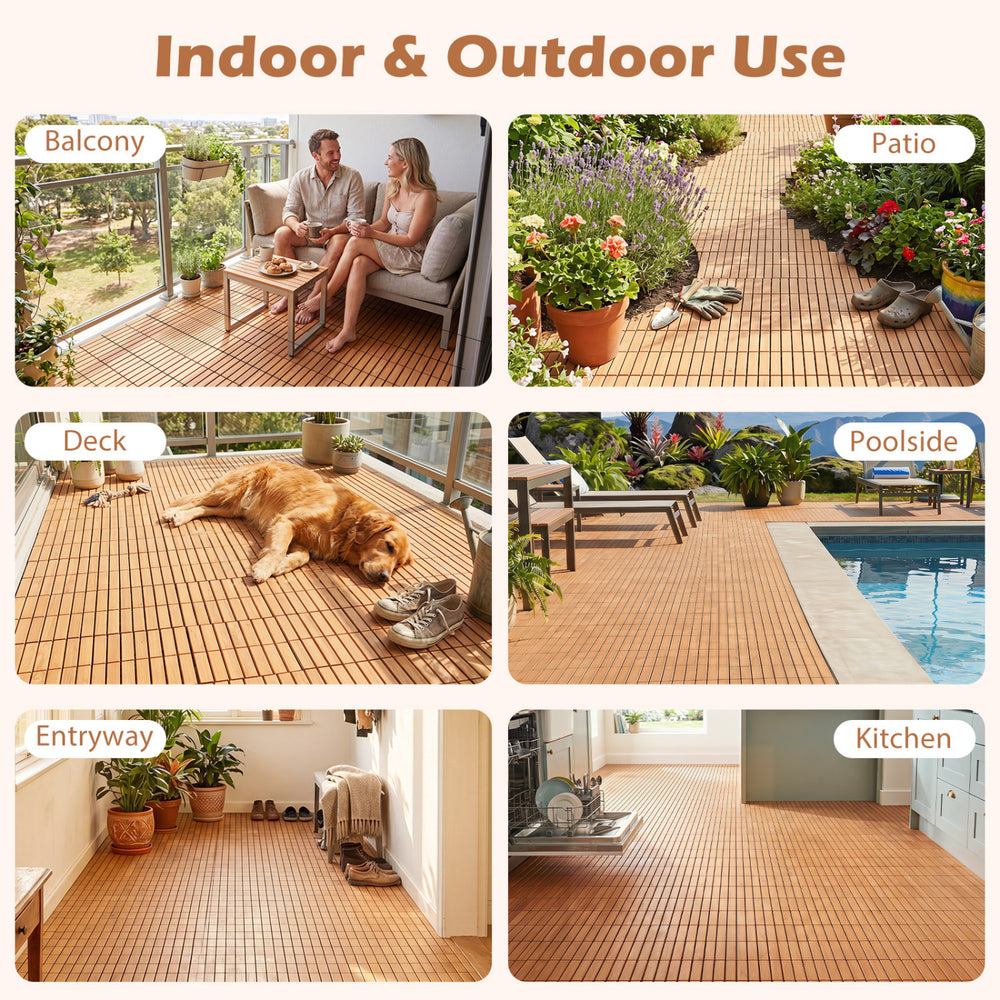 Acacia wood interlocking deck tiles in a natural finish, ideal for indoor and outdoor use on patios, balconies, and decks.