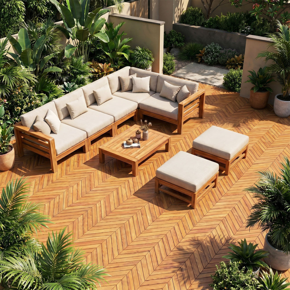 Acacia wood interlocking deck tiles arranged on a patio, ideal for outdoor flooring and all-weather use.