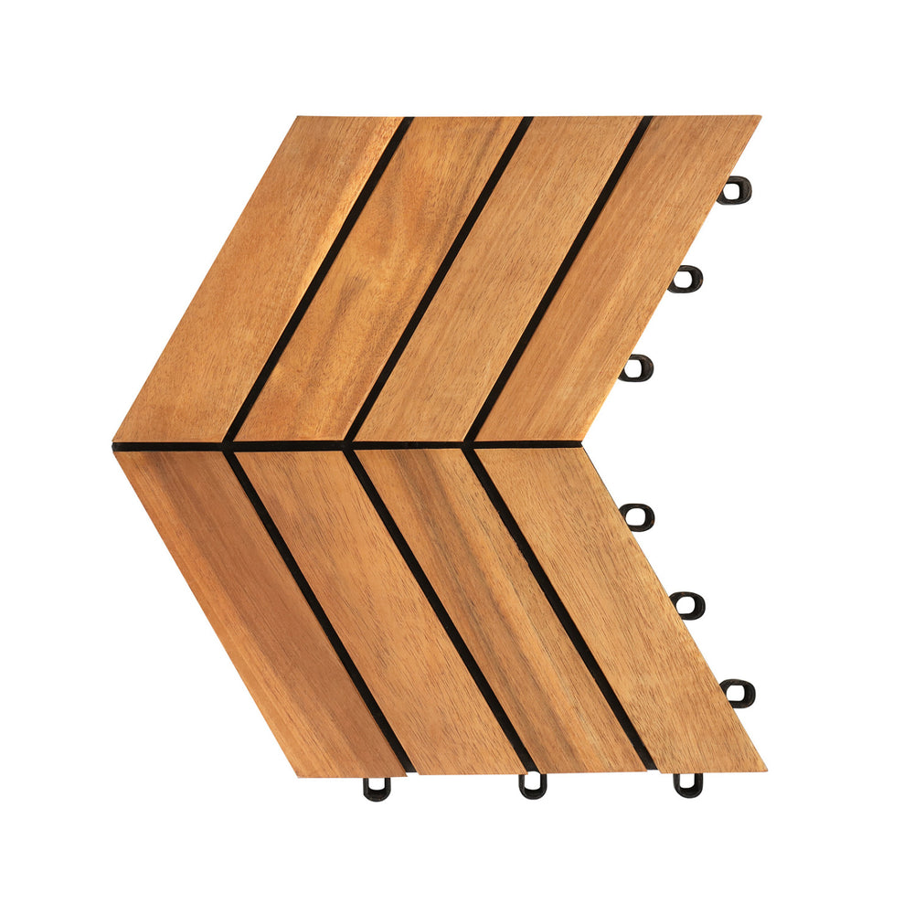Acacia wood interlocking deck tiles in a chevron pattern, ideal for outdoor patio and balcony flooring, waterproof and.