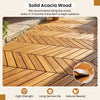 Close-up of solid acacia wood interlocking deck tiles, showcasing natural beauty and waterproof design for outdoor use.