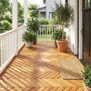 Acacia wood interlocking deck tiles arranged on a porch, ideal for outdoor use in patios and balconies.