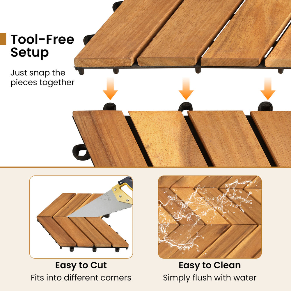 Interlocking 12 x 12 inch acacia wood deck tiles feature a tool-free setup, ideal for patios, balconies, and poolside use.