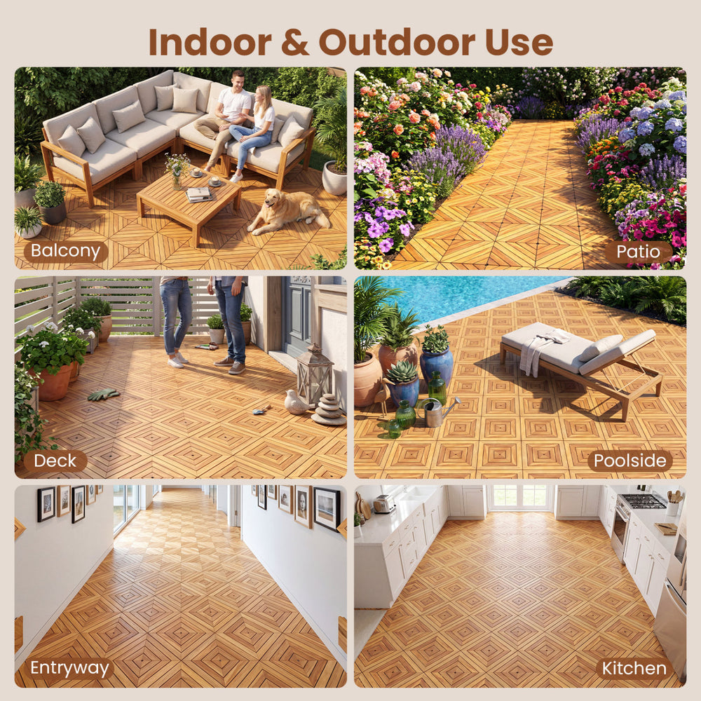 Acacia wood interlocking deck tiles in various settings, showcasing indoor and outdoor versatility for patios and.