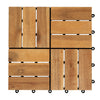 Acacia wood interlocking deck tiles in natural finish, 12 x 12 inches, designed for waterproof outdoor use.