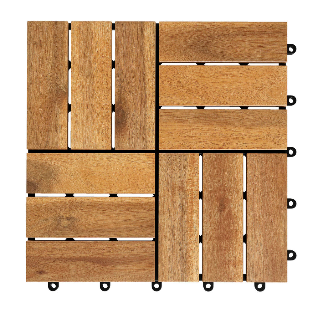 Acacia wood interlocking deck tiles in natural finish, 12 x 12 inches, designed for waterproof outdoor use.