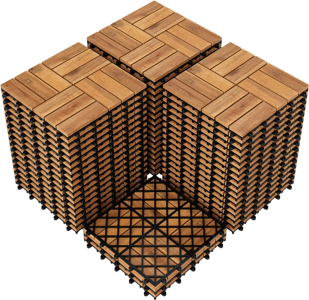 Acacia wood interlocking deck tiles in a stacked arrangement, featuring a waterproof design for outdoor use.