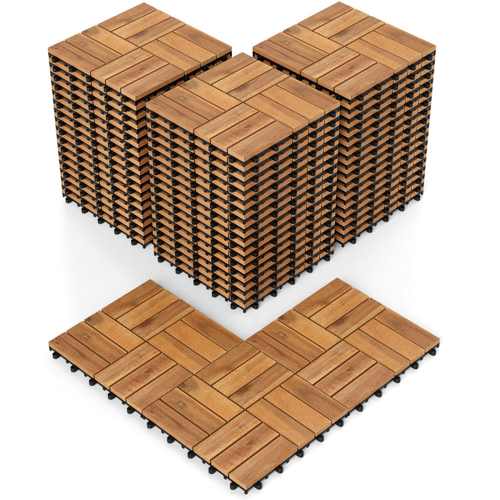 Acacia wood interlocking deck tiles in natural finish, 12 x 12 inches, waterproof design, ideal for outdoor flooring.