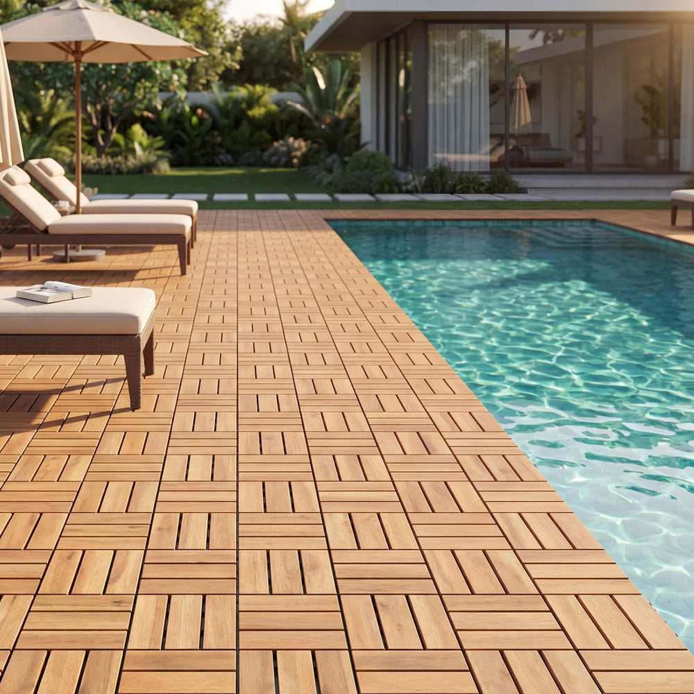 Acacia wood interlocking deck tiles in a natural finish, arranged around a pool for outdoor elegance and waterproof.