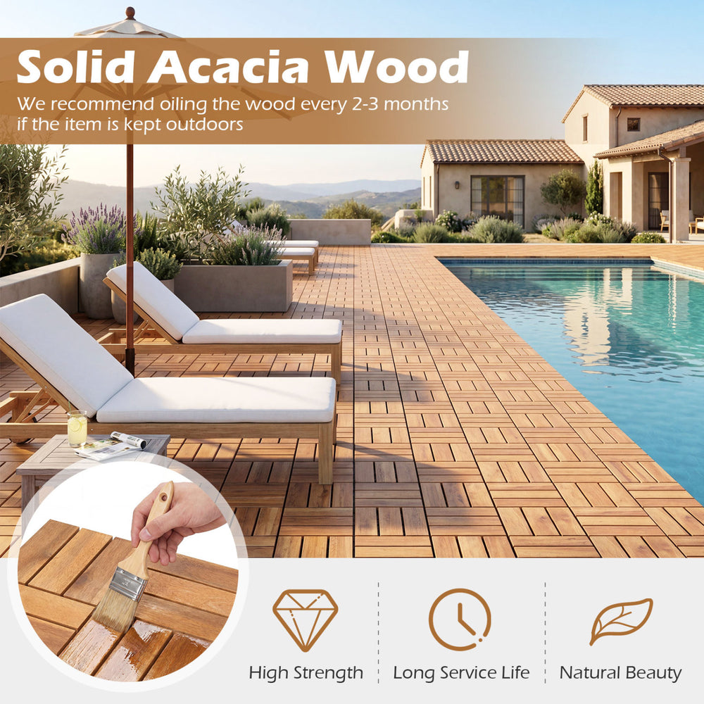 Acacia wood interlocking deck tiles in a natural finish, ideal for outdoor patios and waterproof design.