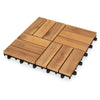 Acacia wood interlocking deck tiles in a natural finish, 12 x 12 inches, designed for waterproof outdoor use.