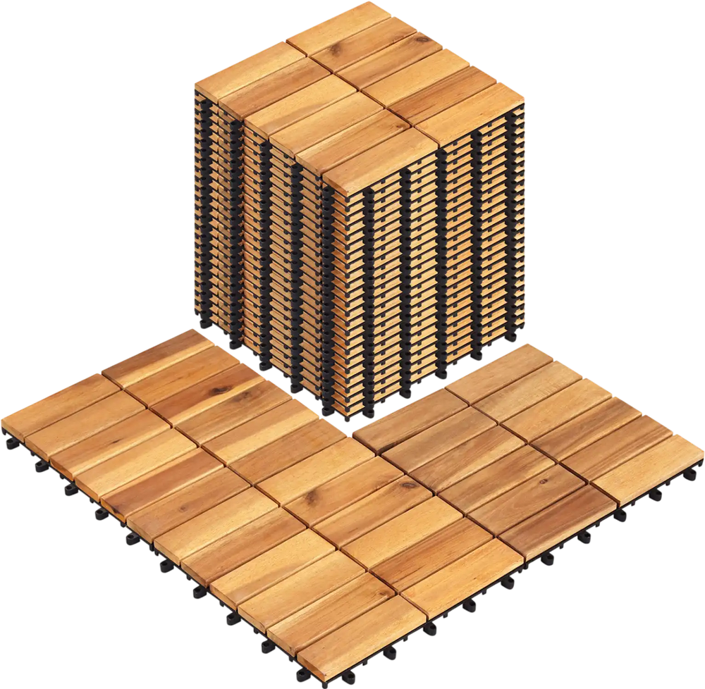 Acacia wood interlocking deck tiles stacked, 27 PCS, 12" x 12", waterproof for patio, balcony, and poolside use.