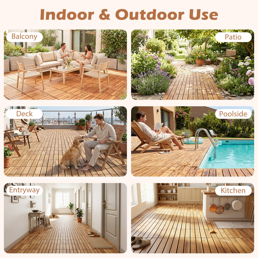 Acacia wood interlocking deck tiles, 12" x 12", shown in various settings for versatile indoor and outdoor use.