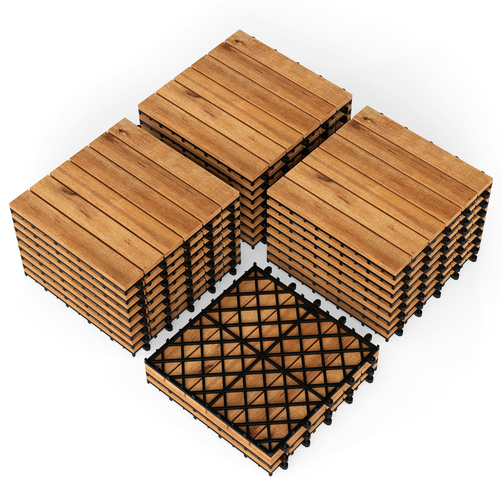 Acacia wood interlocking deck tiles in a natural finish, featuring a durable diamond-shaped PP base for outdoor use.