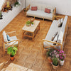 Acacia wood interlocking deck tiles arranged on a patio, showcasing natural beauty and easy assembly for outdoor use.