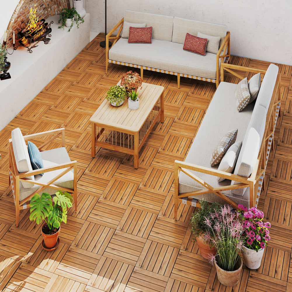 Acacia wood interlocking deck tiles arranged on a patio, showcasing natural beauty and easy assembly for outdoor use.