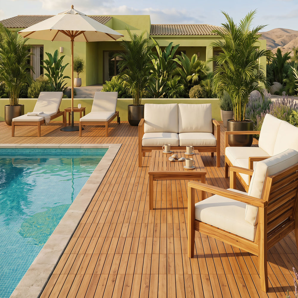 Acacia wood interlocking deck tiles in natural finish, ideal for outdoor use on patios and poolside areas.