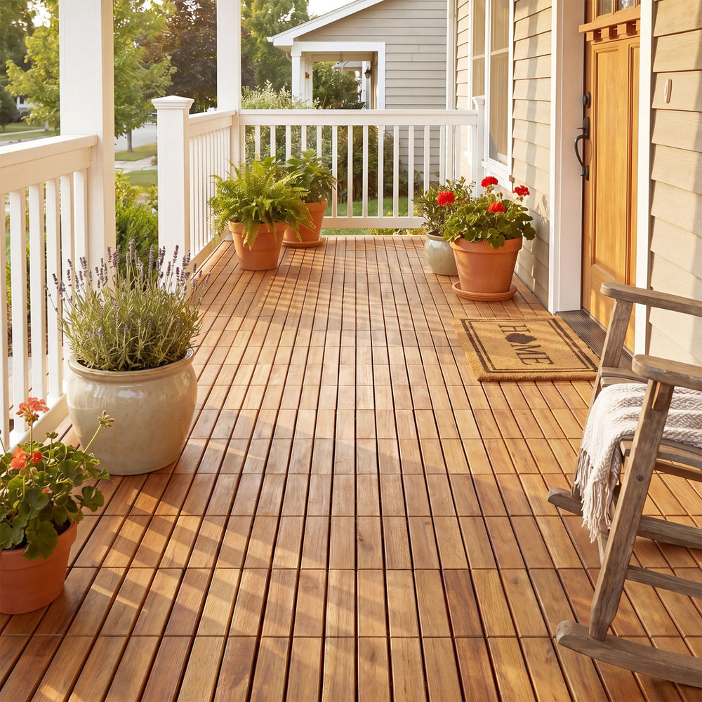 Acacia wood interlocking deck tiles arranged on a porch, perfect for outdoor use on patios and balconies.