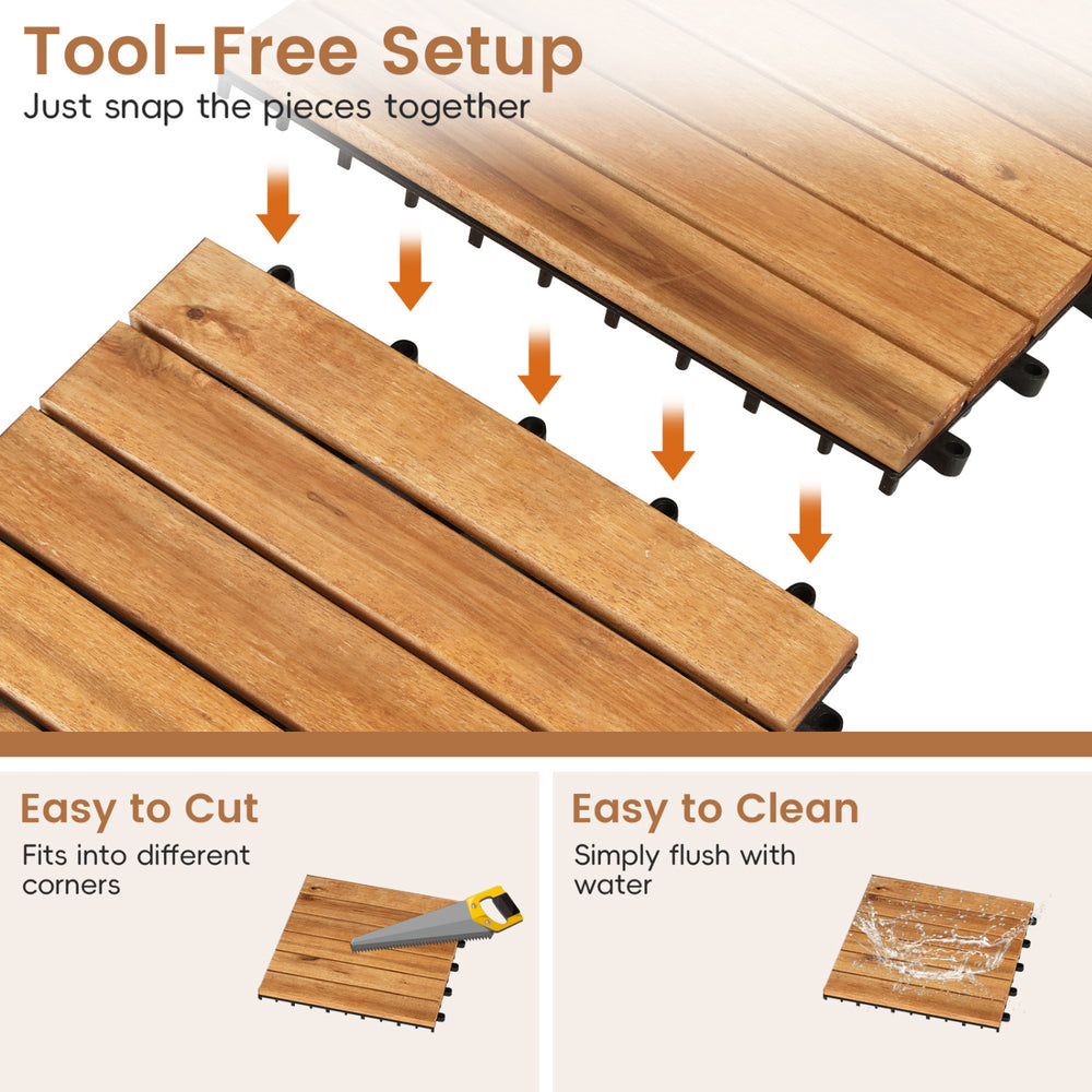 Acacia wood interlocking deck tiles in natural finish, showcasing tool-free setup for easy installation and outdoor use.