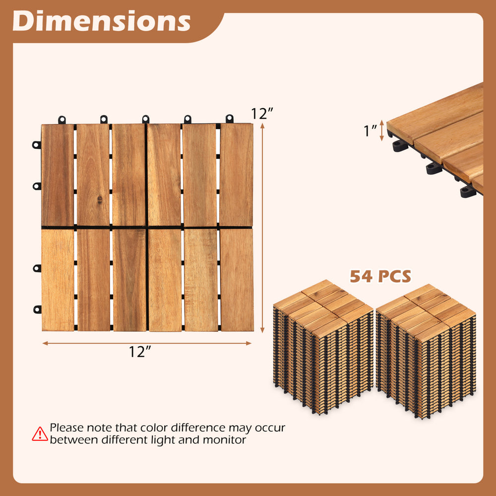 Acacia wood interlocking deck tiles, 12 x 12 inches, waterproof design, ideal for outdoor patios and balconies.