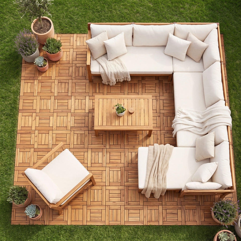 Top view of 12" x 12" acacia wood floor tiles, ideal for outdoor patio or balcony use, showcasing natural beauty and.