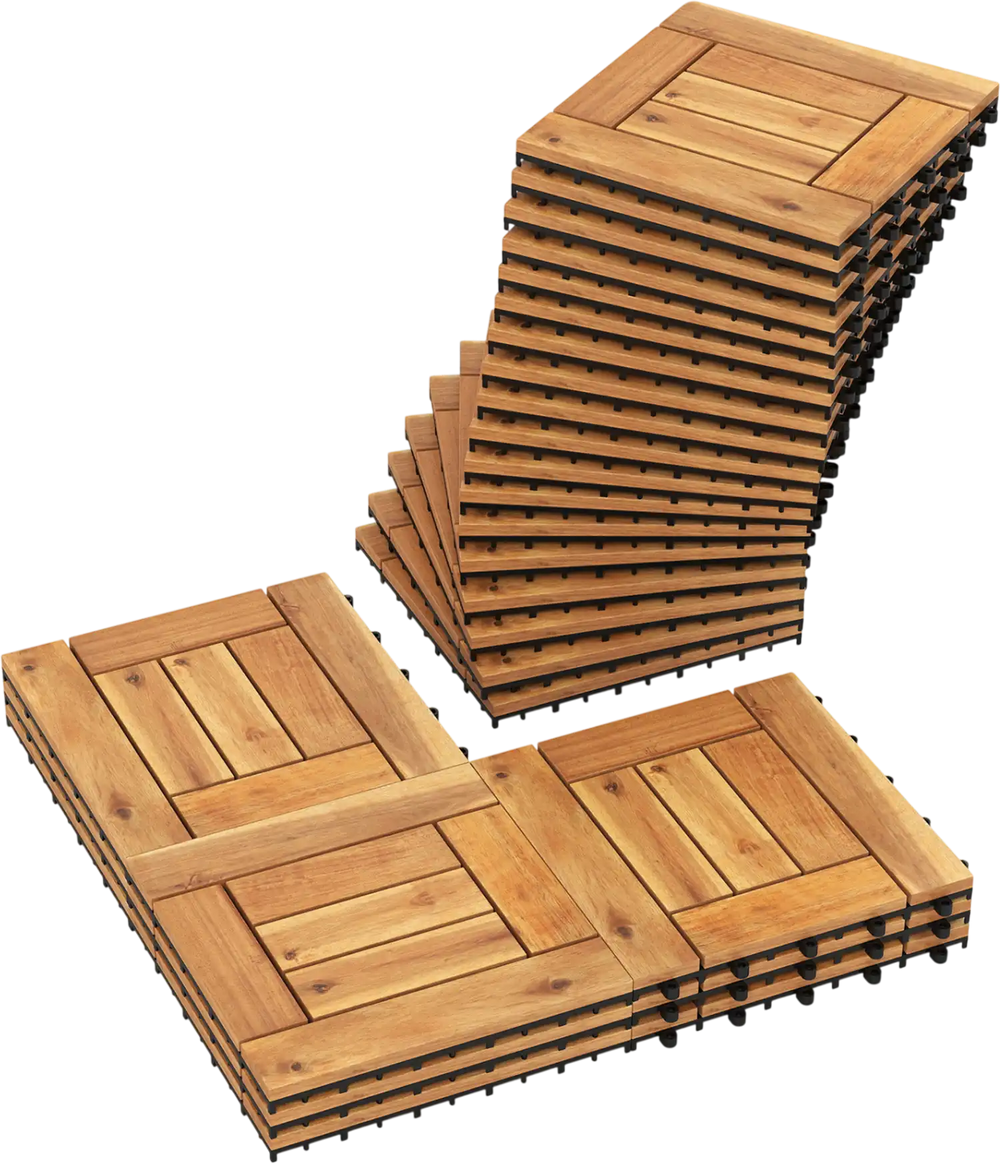 Stacked 12" x 12" acacia wood floor tiles with anti-deformation base, ideal for outdoor patio and balcony use.