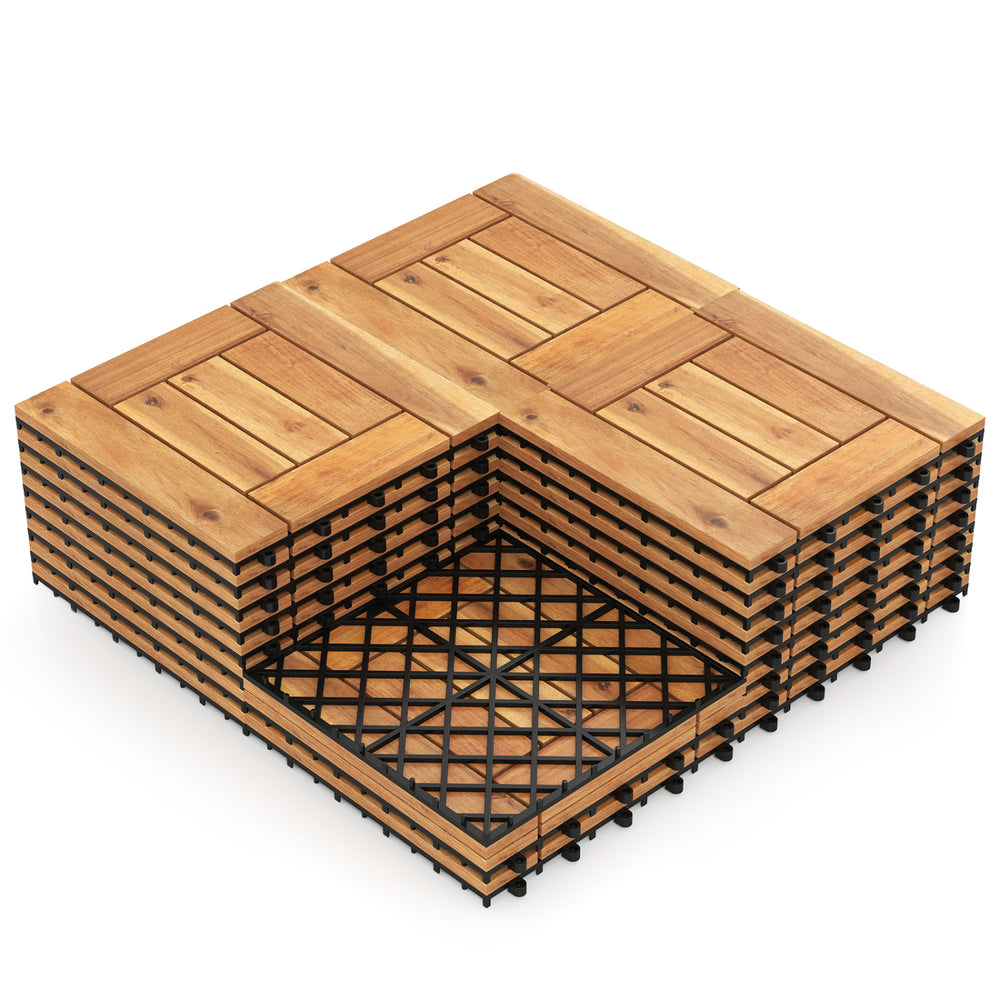 Solid acacia wood 12" x 12" floor tiles with diamond-shaped PP base, ideal for patio, balcony, and poolside use.
