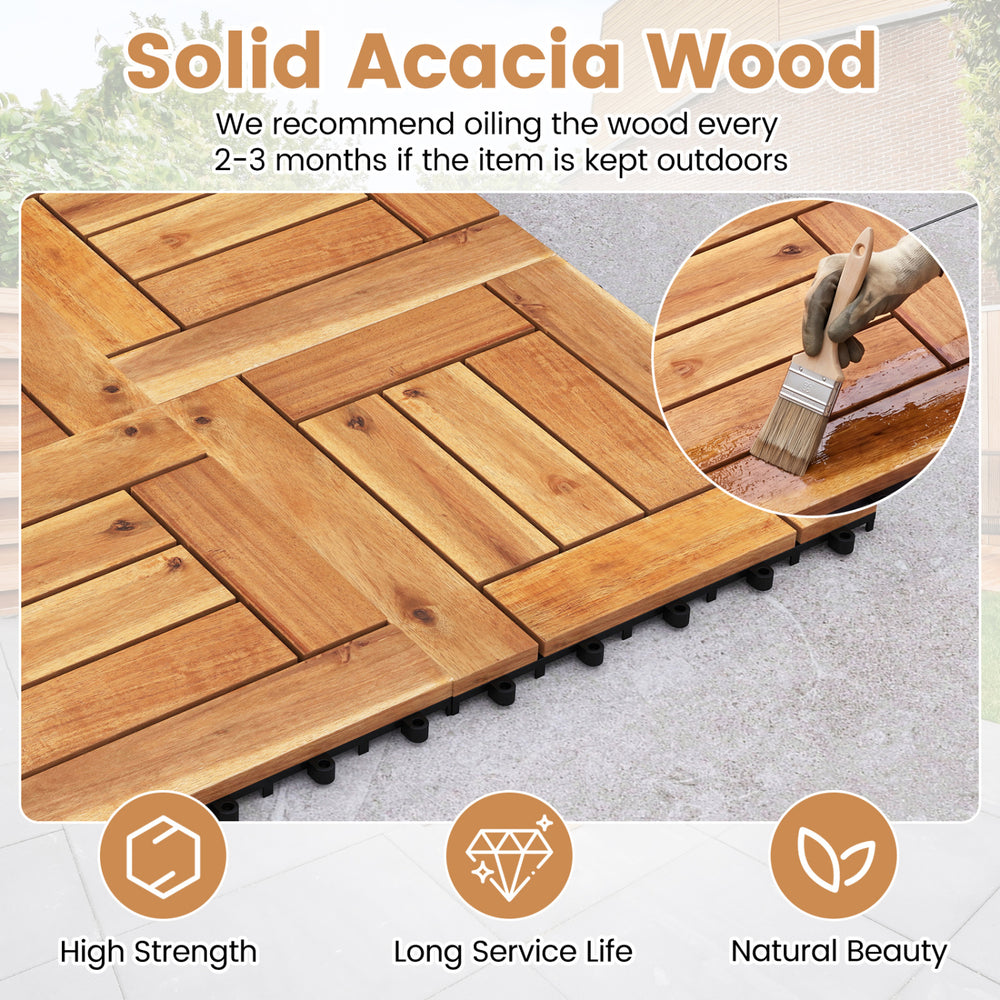 Solid acacia wood floor tiles with a diamond-shaped PP base, ideal for outdoor patios and balconies.