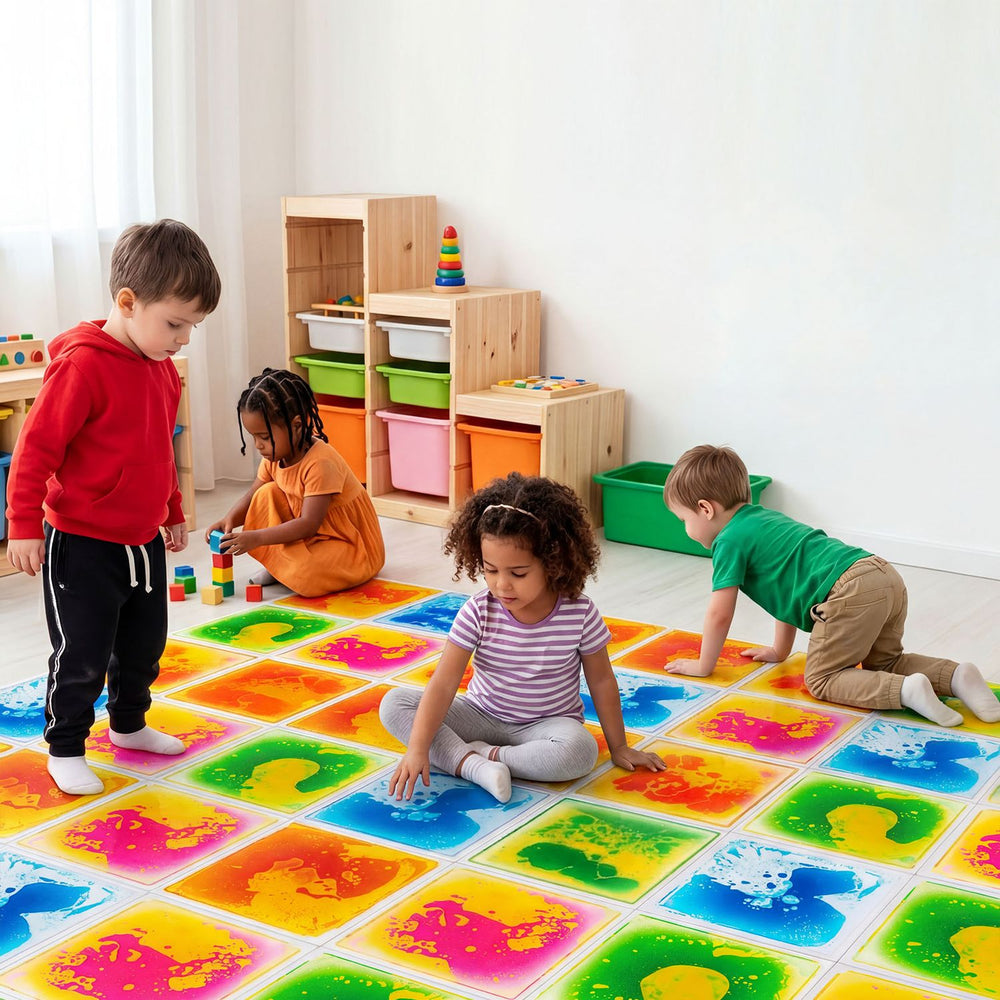 Colorful 12" x 12" toddler sensory floor tiles promote sensory development and provide cushioning for active play.