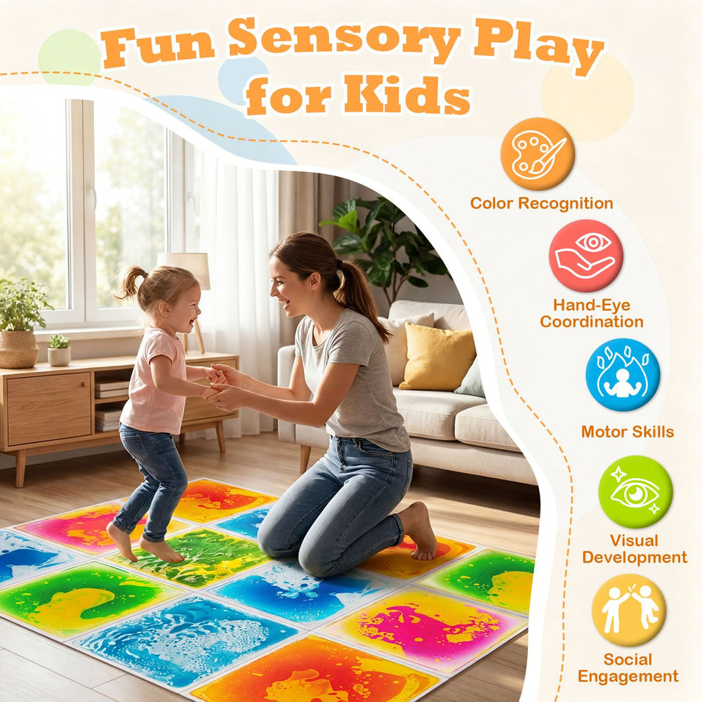Colorful 12" x 12" toddler sensory floor tiles promote sensory development and motor skills during active play at home.
