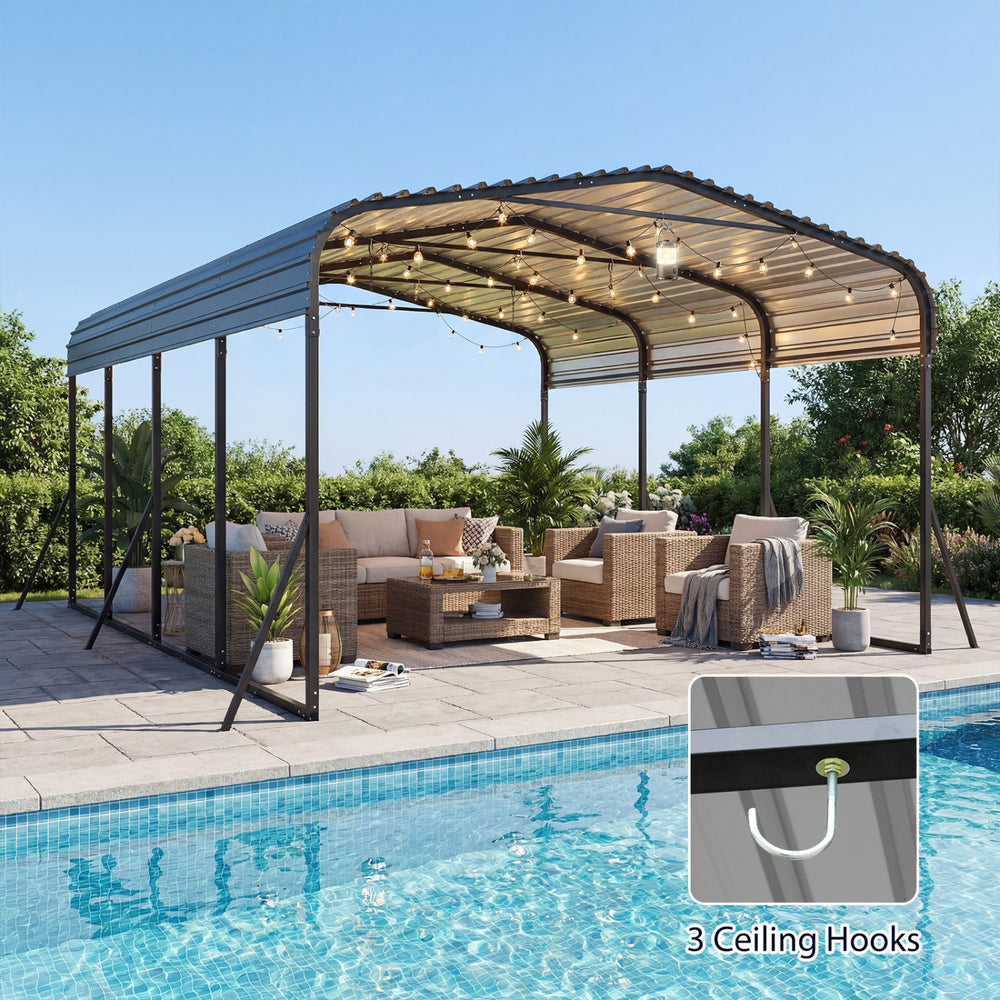 Heavy-duty 12x20 feet black carport with galvanized steel frame, providing all-weather protection for vehicles and.