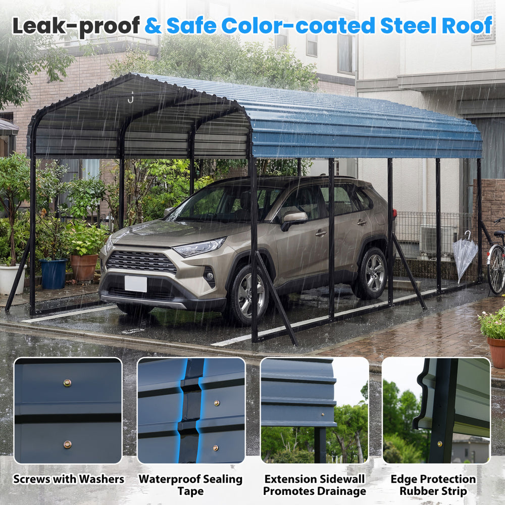 Heavy-duty 12 x 20 feet galvanized steel carport with waterproof color-coated roof, providing all-weather protection.