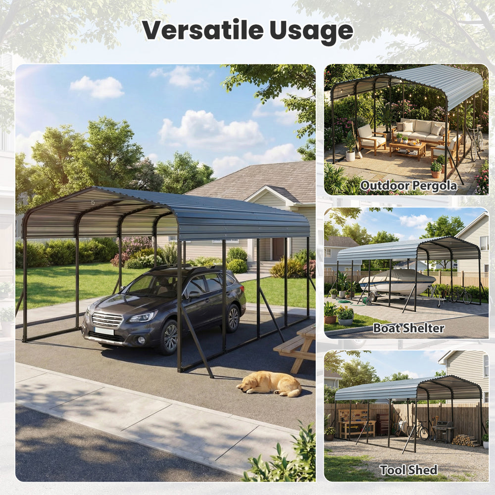 Heavy-duty 12 x 20 feet galvanized steel carport in black, ideal for vehicle protection and versatile outdoor use.