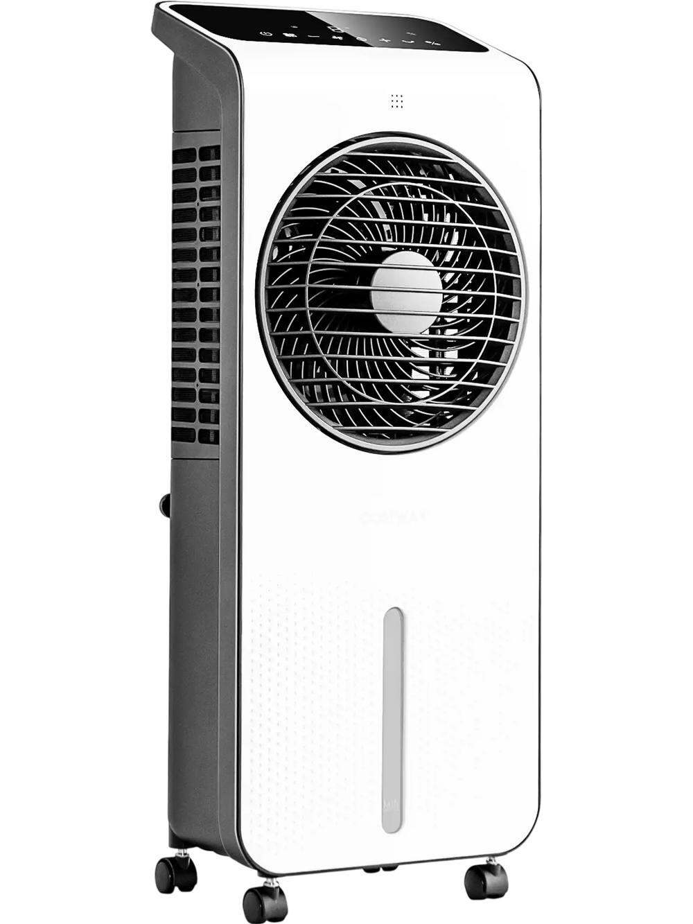 Portable 3-in-1 evaporative air cooler in white with 360° rotating fan blades and remote control for customizable.