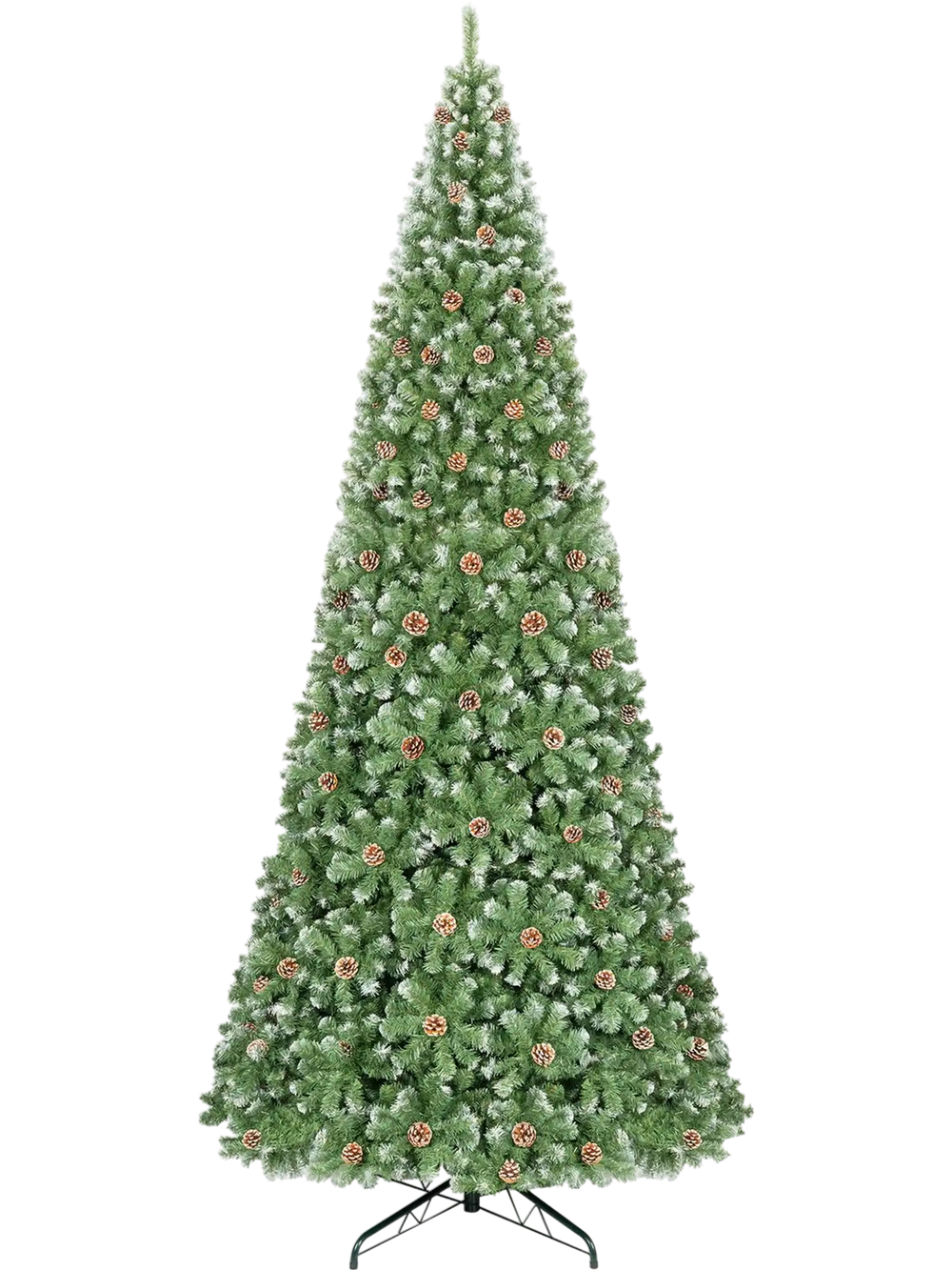 12ft Artificial Christmas Tree with 4188 branch tips and lifelike full greenery, shown front-facing with pinecones.