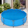 Round 12ft x 30in above ground swimming pool with blue cover, designed to retain heat and reduce debris contamination.