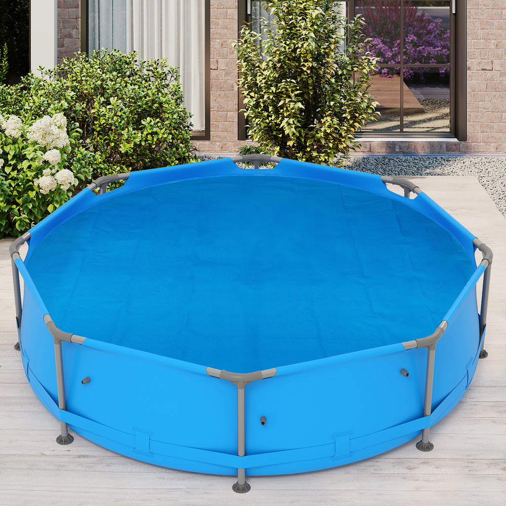 Round 12ft x 30in above ground swimming pool with blue cover, designed to retain heat and reduce debris contamination.