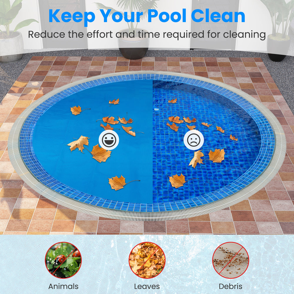 Round above ground swimming pool with a blue cover, preventing leaves and debris while retaining solar heat.