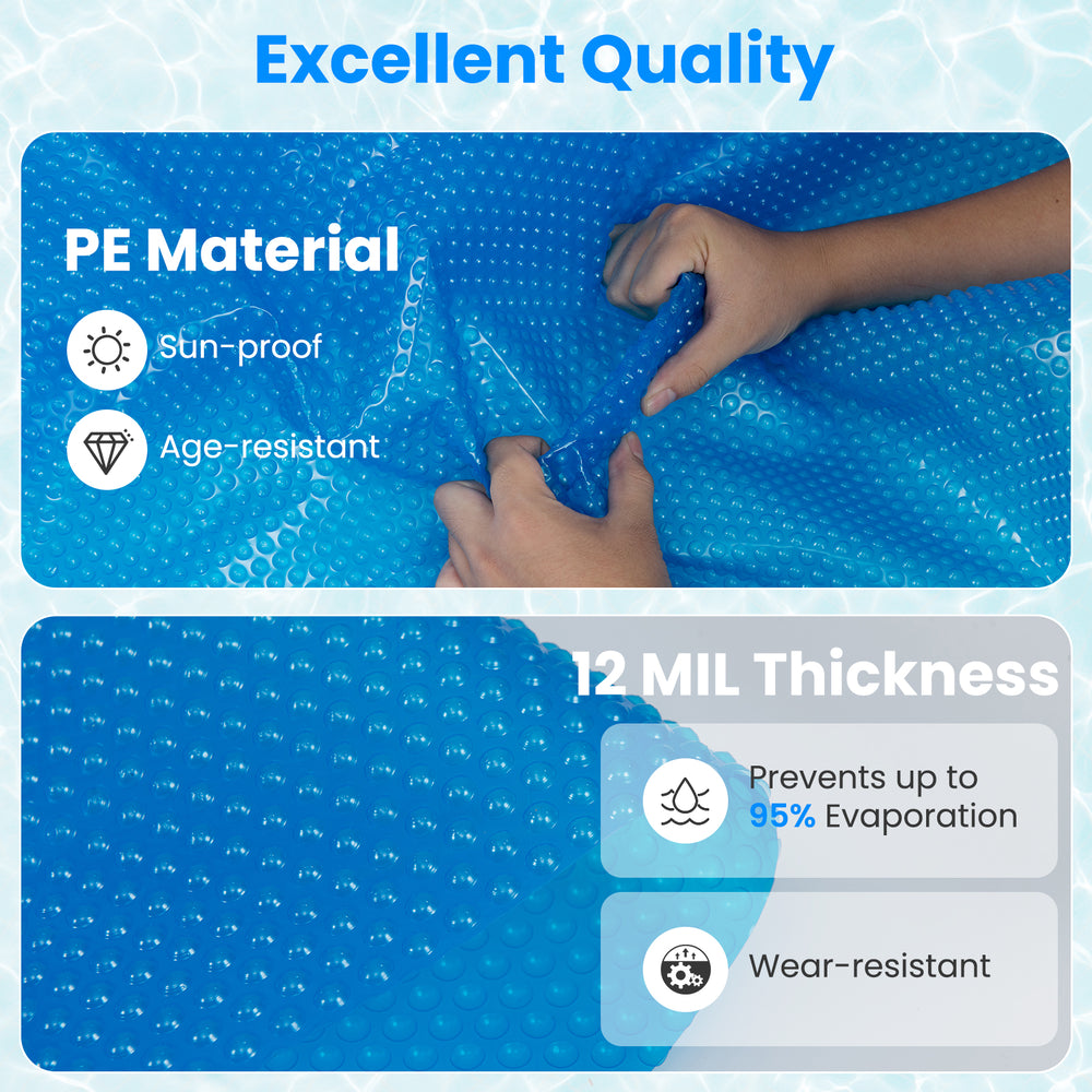 Close-up of a 12 MIL thick blue PE pool cover, designed to reduce evaporation and retain solar heat for above-ground.
