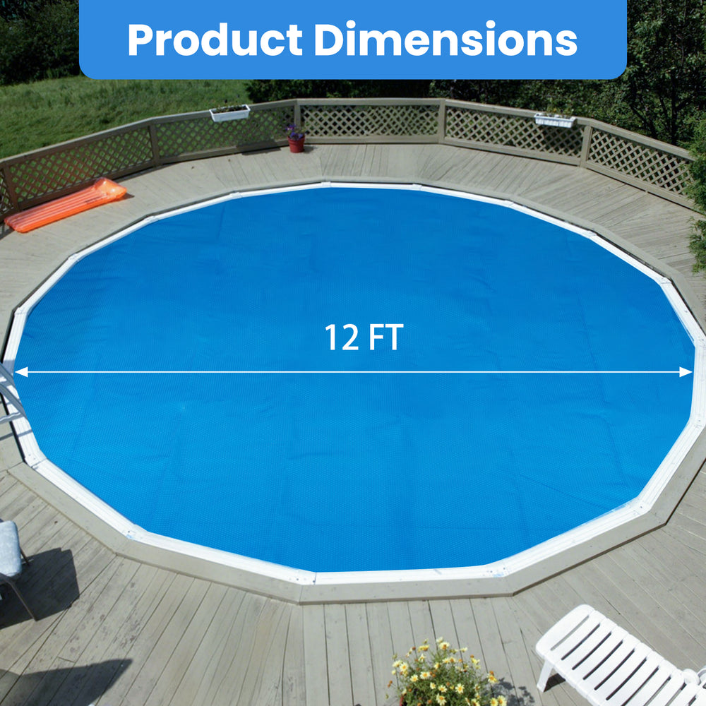 12ft round pool cover shown on a wooden deck, made from durable PE material, designed to reduce debris and evaporation.