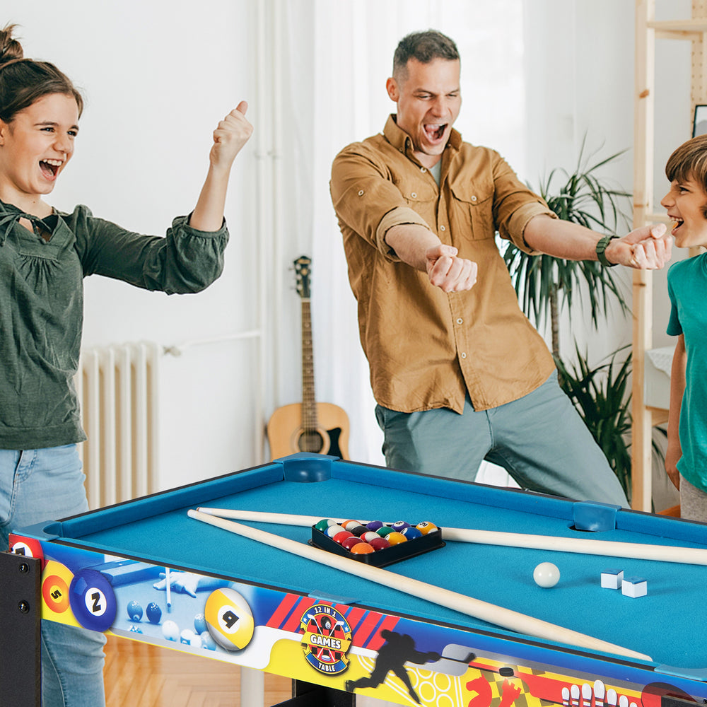 Kids enjoying the 12-in-1 Combo Game Table Set, featuring foosball, air hockey, and pool for family fun.