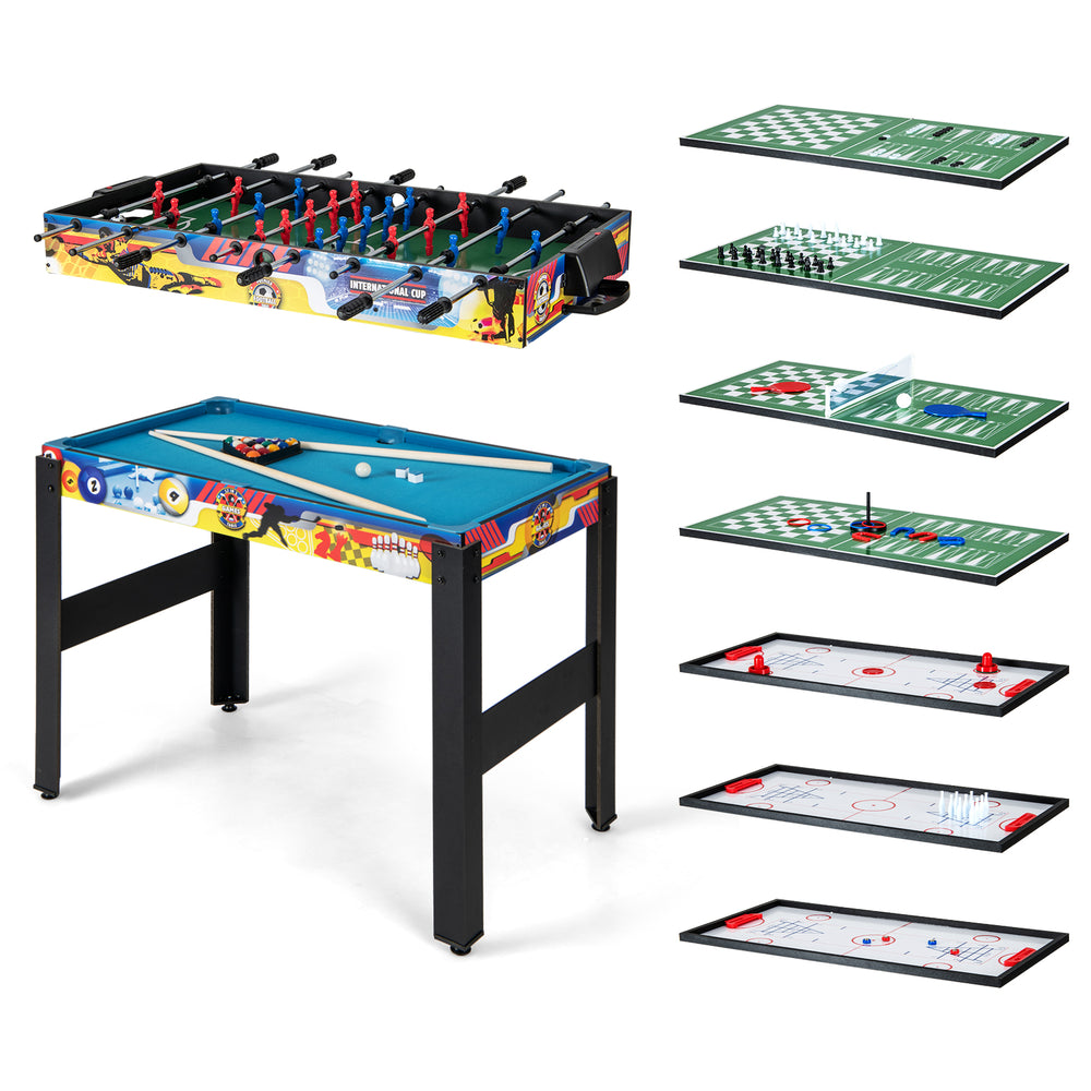 12-in-1 combo game table set featuring foosball, air hockey, pool, chess, and ping pong for versatile indoor fun.